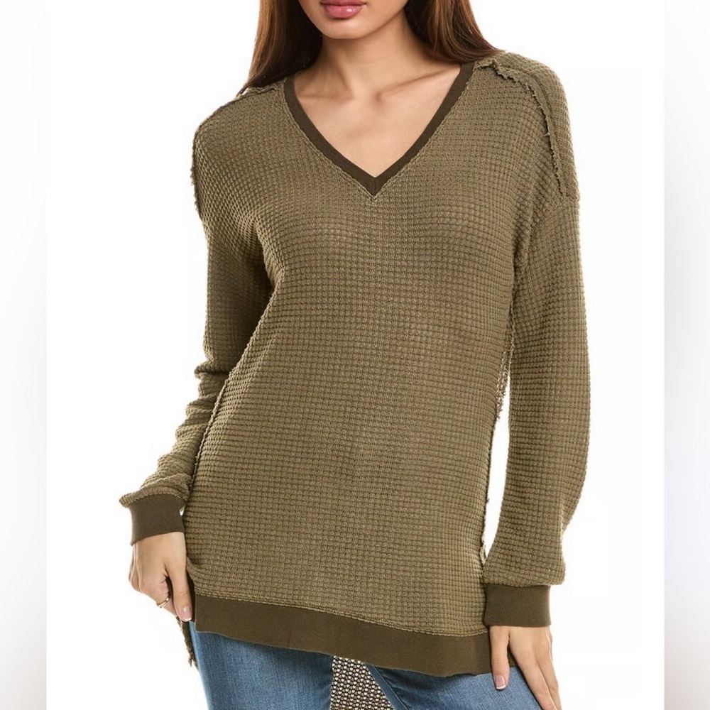 XCVI Wearables Oxley V-Neck Waffle‎ Tunic Thermal Pullover Olive Green Small